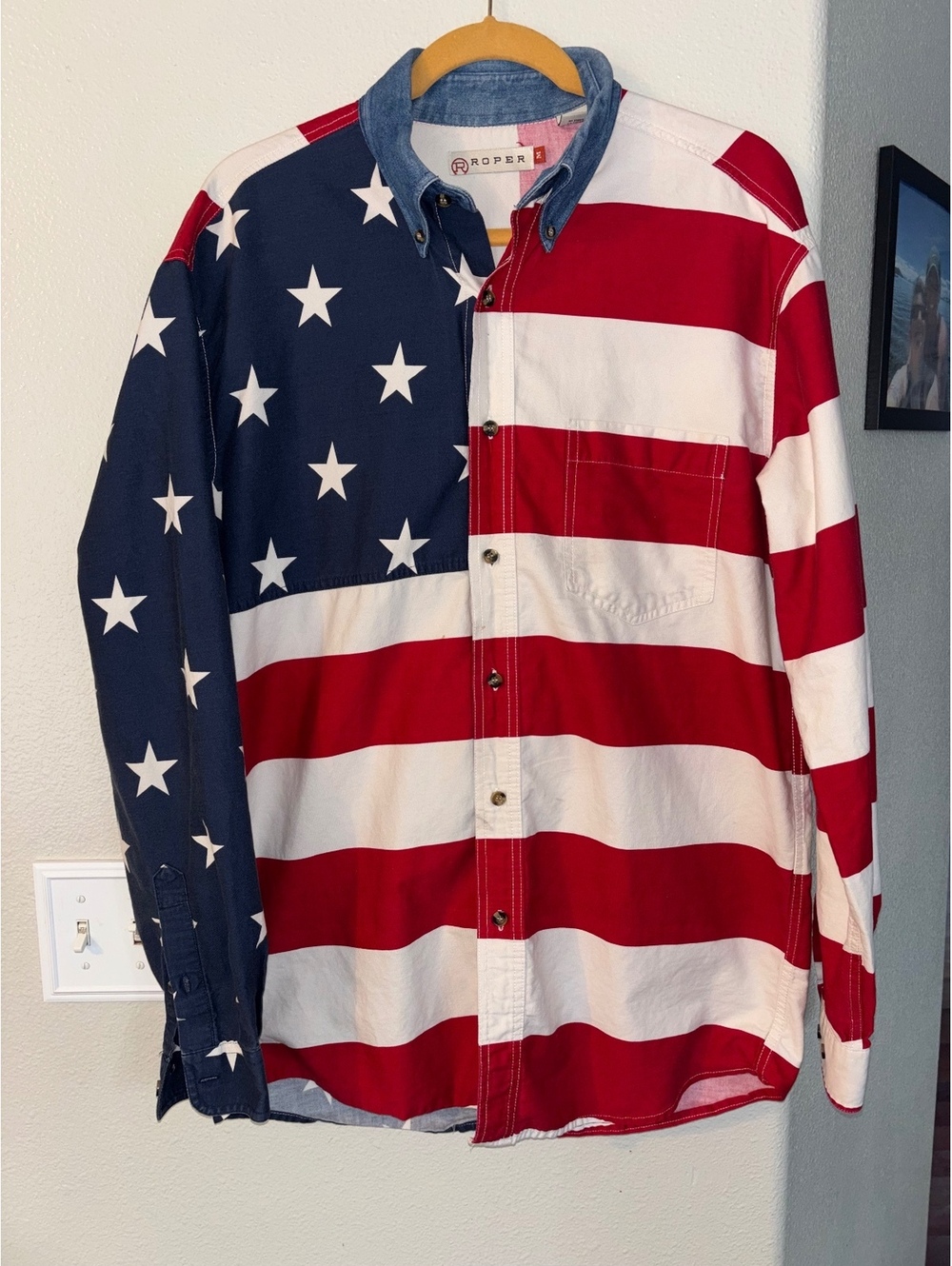 Roper American Flag Stars Stripes Long Sleeve Button Down Western Shirt Men's M